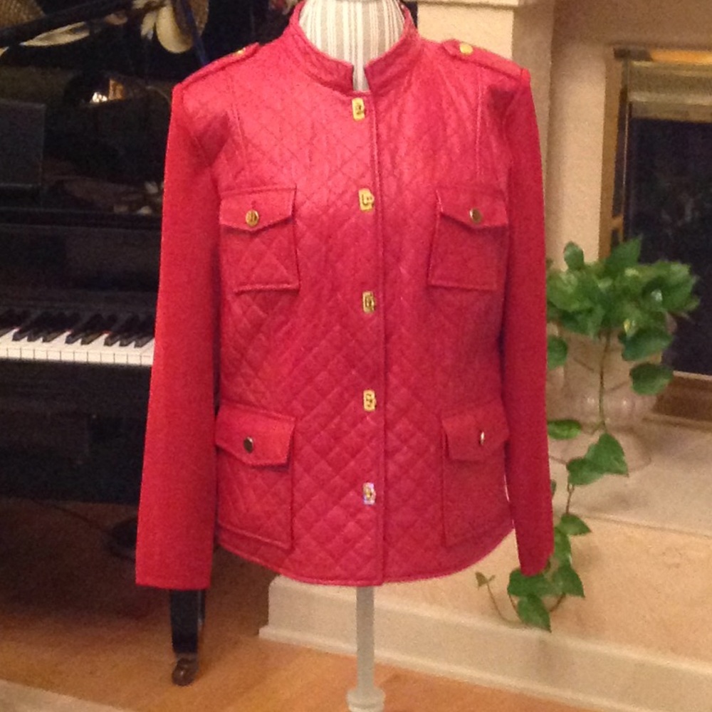 Exquisite military styled leather and knit jacket.